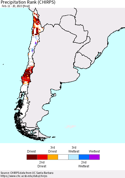 Chile Precipitation Rank since 1981 (CHIRPS) Thematic Map For 2/11/2023 - 2/20/2023