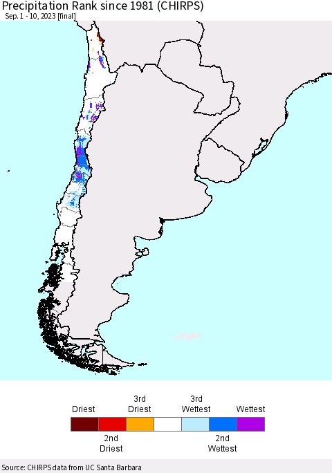 Chile Precipitation Rank since 1981 (CHIRPS) Thematic Map For 9/1/2023 - 9/10/2023