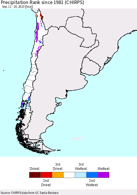 Chile Precipitation Rank since 1981 (CHIRPS) Thematic Map For 9/11/2023 - 9/20/2023
