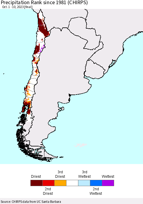 Chile Precipitation Rank since 1981 (CHIRPS) Thematic Map For 10/1/2023 - 10/10/2023