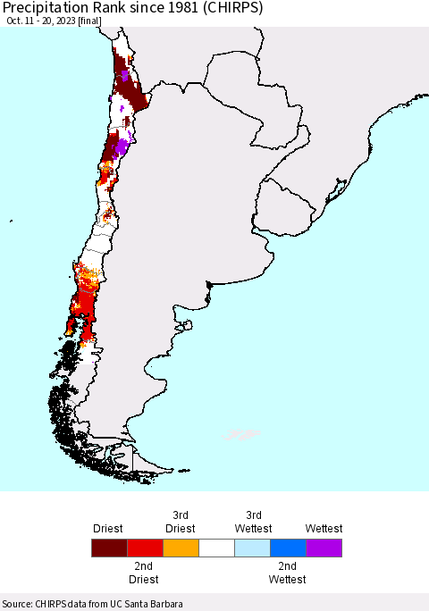 Chile Precipitation Rank since 1981 (CHIRPS) Thematic Map For 10/11/2023 - 10/20/2023