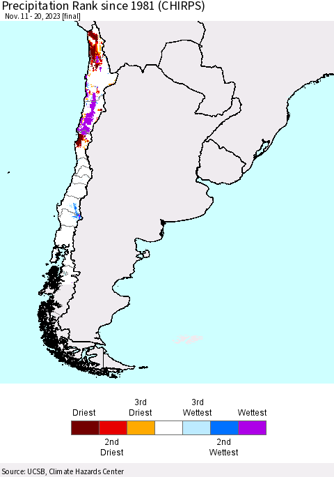 Chile Precipitation Rank since 1981 (CHIRPS) Thematic Map For 11/11/2023 - 11/20/2023