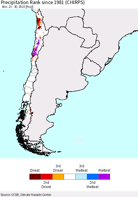 Chile Precipitation Rank since 1981 (CHIRPS) Thematic Map For 11/21/2023 - 11/30/2023