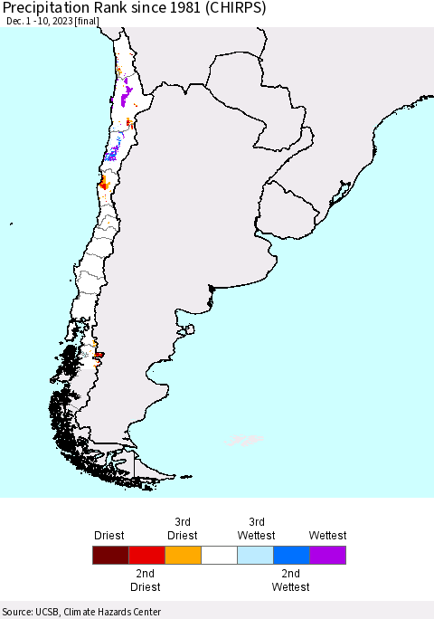 Chile Precipitation Rank since 1981 (CHIRPS) Thematic Map For 12/1/2023 - 12/10/2023
