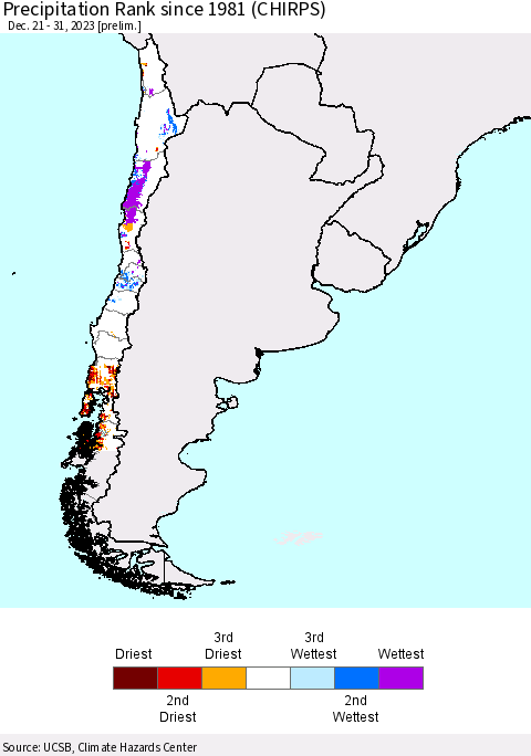 Chile Precipitation Rank since 1981 (CHIRPS) Thematic Map For 12/21/2023 - 12/31/2023