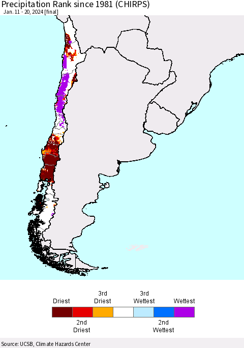 Chile Precipitation Rank since 1981 (CHIRPS) Thematic Map For 1/11/2024 - 1/20/2024