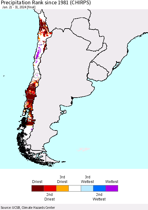 Chile Precipitation Rank since 1981 (CHIRPS) Thematic Map For 1/21/2024 - 1/31/2024