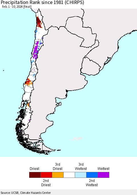 Chile Precipitation Rank since 1981 (CHIRPS) Thematic Map For 2/1/2024 - 2/10/2024