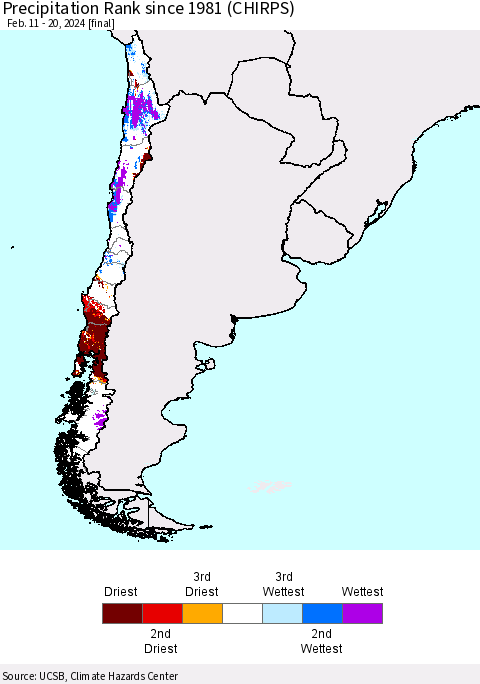 Chile Precipitation Rank since 1981 (CHIRPS) Thematic Map For 2/11/2024 - 2/20/2024