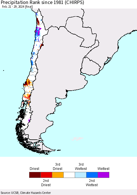 Chile Precipitation Rank since 1981 (CHIRPS) Thematic Map For 2/21/2024 - 2/29/2024
