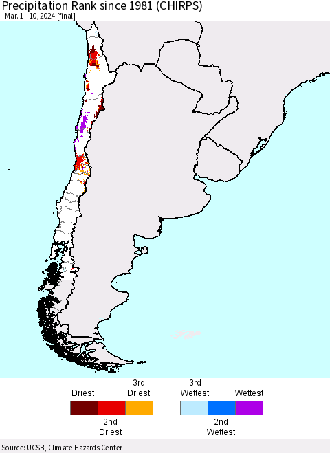 Chile Precipitation Rank since 1981 (CHIRPS) Thematic Map For 3/1/2024 - 3/10/2024