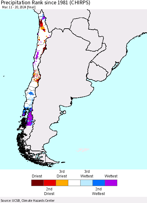 Chile Precipitation Rank since 1981 (CHIRPS) Thematic Map For 3/11/2024 - 3/20/2024