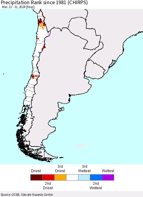 Chile Precipitation Rank since 1981 (CHIRPS) Thematic Map For 3/21/2024 - 3/31/2024
