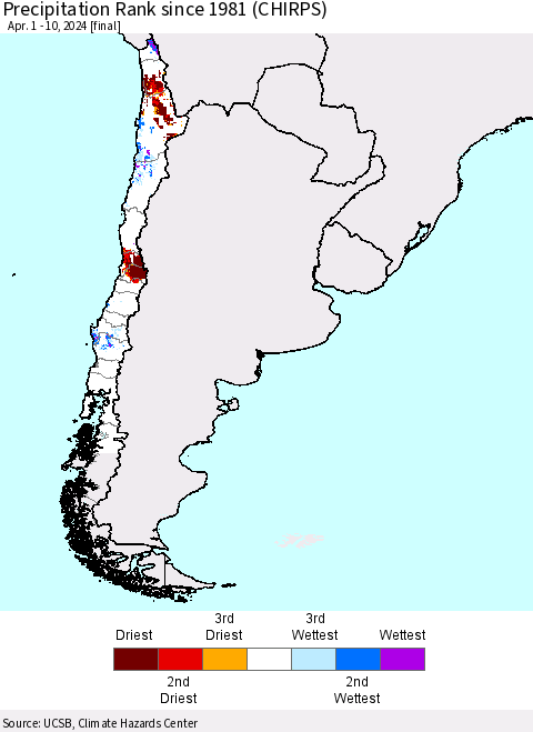 Chile Precipitation Rank since 1981 (CHIRPS) Thematic Map For 4/1/2024 - 4/10/2024