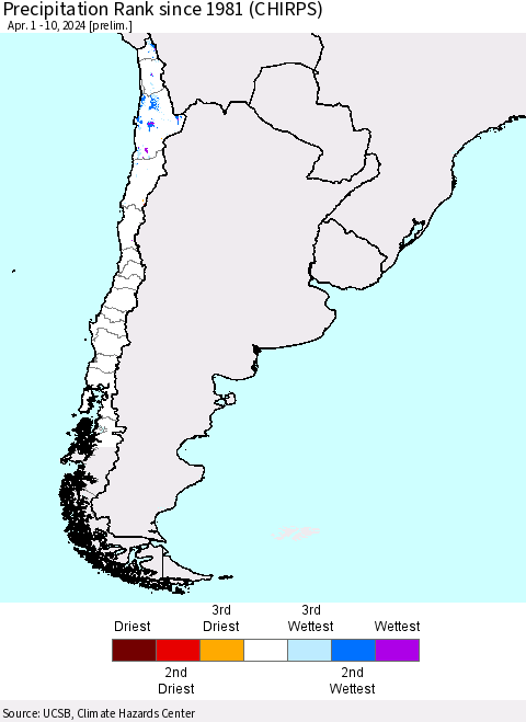 Chile Precipitation Rank since 1981 (CHIRPS) Thematic Map For 4/1/2024 - 4/10/2024