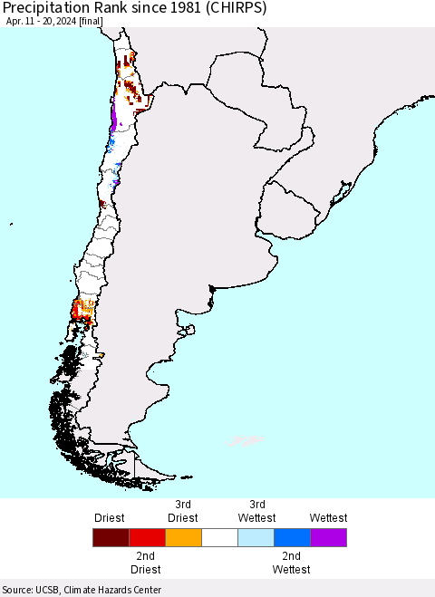 Chile Precipitation Rank since 1981 (CHIRPS) Thematic Map For 4/11/2024 - 4/20/2024