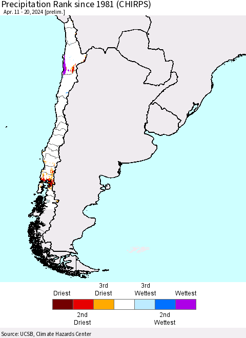 Chile Precipitation Rank since 1981 (CHIRPS) Thematic Map For 4/11/2024 - 4/20/2024