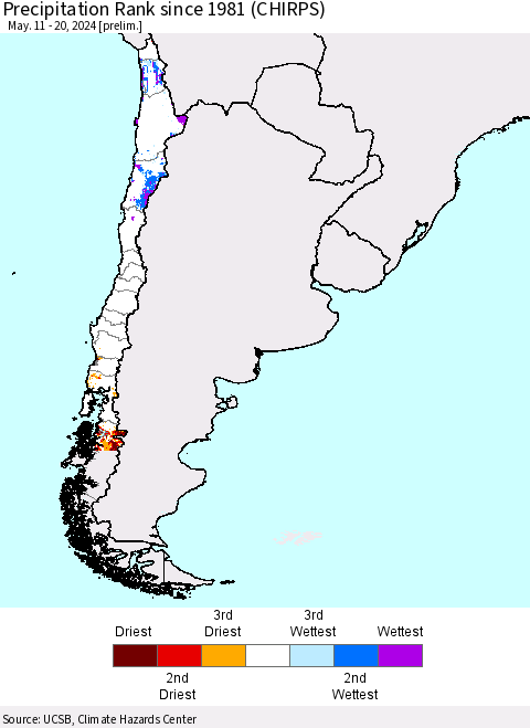 Chile Precipitation Rank since 1981 (CHIRPS) Thematic Map For 5/11/2024 - 5/20/2024
