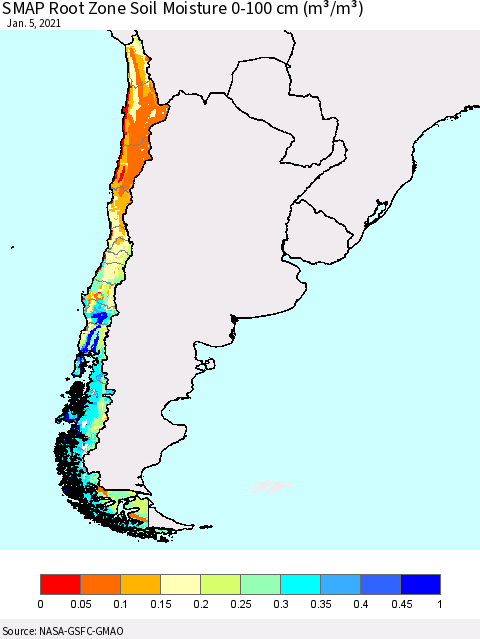 Chile SMAP Root Zone (0-100 cm) Soil Moisture (m³/m³) Thematic Map For 1/1/2021 - 1/5/2021