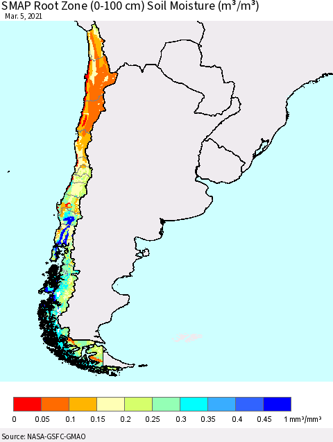 Chile SMAP Root Zone (0-100 cm) Soil Moisture (m³/m³) Thematic Map For 3/1/2021 - 3/5/2021