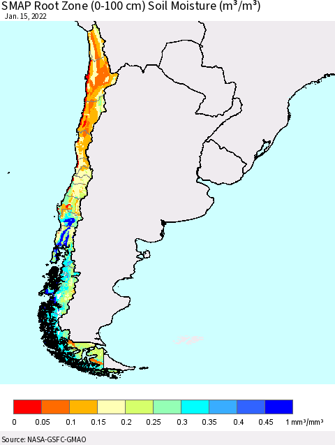 Chile SMAP Root Zone (0-100 cm) Soil Moisture (m³/m³) Thematic Map For 1/11/2022 - 1/15/2022