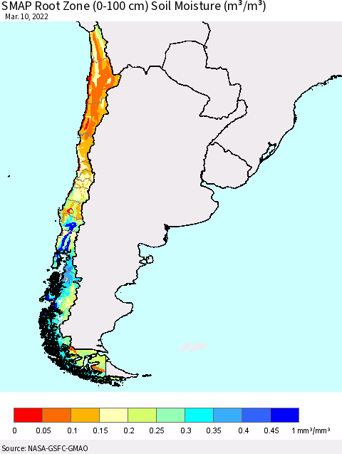 Chile SMAP Root Zone (0-100 cm) Soil Moisture (m³/m³) Thematic Map For 3/6/2022 - 3/10/2022
