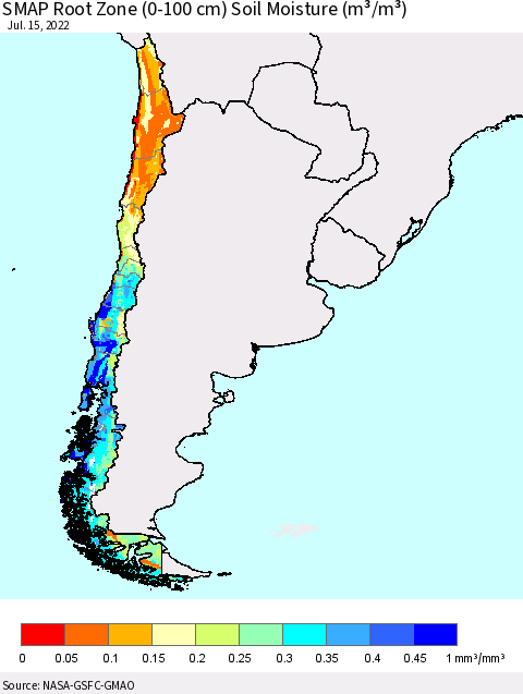 Chile SMAP Root Zone (0-100 cm) Soil Moisture (m³/m³) Thematic Map For 7/11/2022 - 7/15/2022