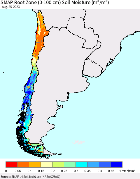 Chile SMAP Root Zone (0-100 cm) Soil Moisture (m³/m³) Thematic Map For 8/21/2023 - 8/25/2023