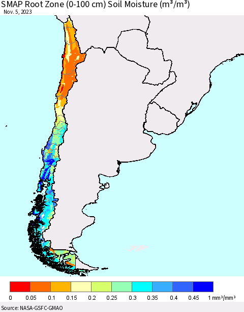 Chile SMAP Root Zone (0-100 cm) Soil Moisture (m³/m³) Thematic Map For 11/1/2023 - 11/5/2023