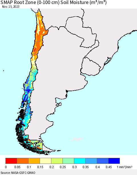 Chile SMAP Root Zone (0-100 cm) Soil Moisture (m³/m³) Thematic Map For 11/11/2023 - 11/15/2023