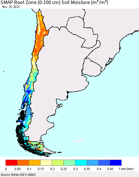 Chile SMAP Root Zone (0-100 cm) Soil Moisture (m³/m³) Thematic Map For 11/26/2023 - 11/30/2023