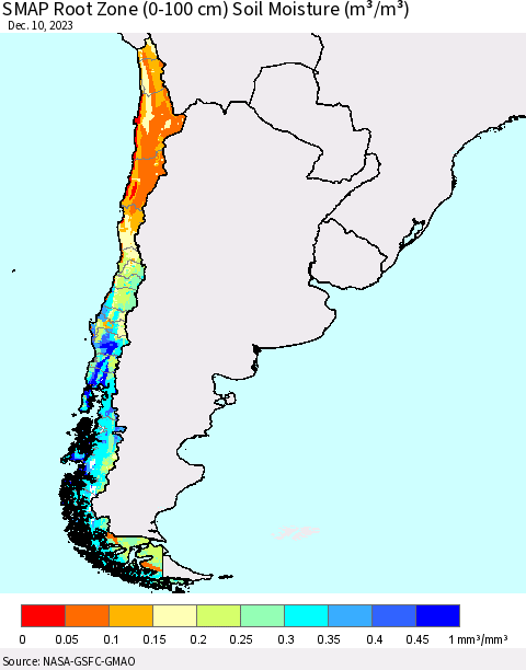 Chile SMAP Root Zone (0-100 cm) Soil Moisture (m³/m³) Thematic Map For 12/6/2023 - 12/10/2023