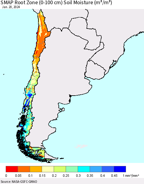 Chile SMAP Root Zone (0-100 cm) Soil Moisture (m³/m³) Thematic Map For 1/16/2024 - 1/20/2024
