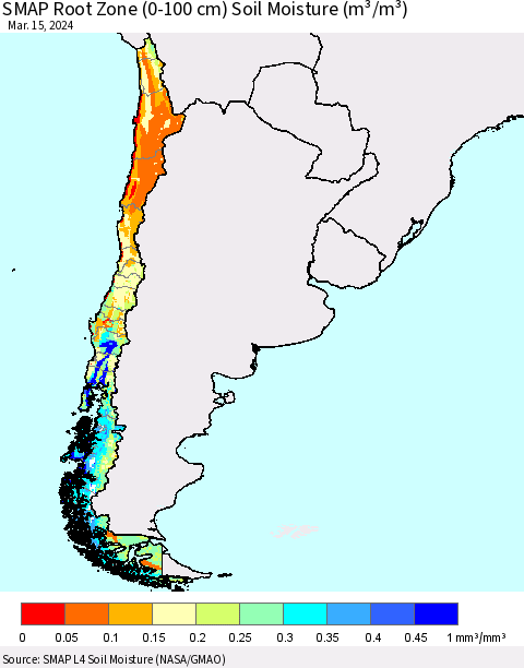 Chile SMAP Root Zone (0-100 cm) Soil Moisture (m³/m³) Thematic Map For 3/11/2024 - 3/15/2024