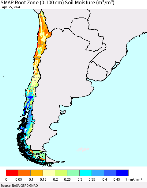 Chile SMAP Root Zone (0-100 cm) Soil Moisture (m³/m³) Thematic Map For 4/21/2024 - 4/25/2024