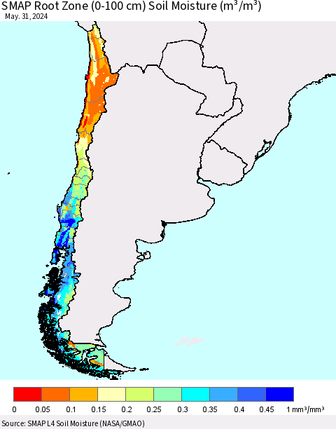 Chile SMAP Root Zone (0-100 cm) Soil Moisture (m³/m³) Thematic Map For 5/26/2024 - 5/31/2024