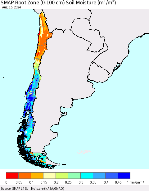 Chile SMAP Root Zone (0-100 cm) Soil Moisture (m³/m³) Thematic Map For 8/11/2024 - 8/15/2024