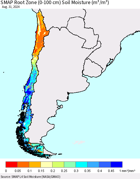 Chile SMAP Root Zone (0-100 cm) Soil Moisture (m³/m³) Thematic Map For 8/26/2024 - 8/31/2024