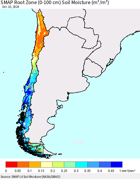 Chile SMAP Root Zone (0-100 cm) Soil Moisture (m³/m³) Thematic Map For 10/6/2024 - 10/10/2024