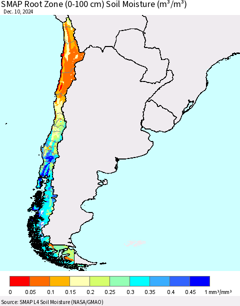 Chile SMAP Root Zone (0-100 cm) Soil Moisture (m³/m³) Thematic Map For 12/6/2024 - 12/10/2024