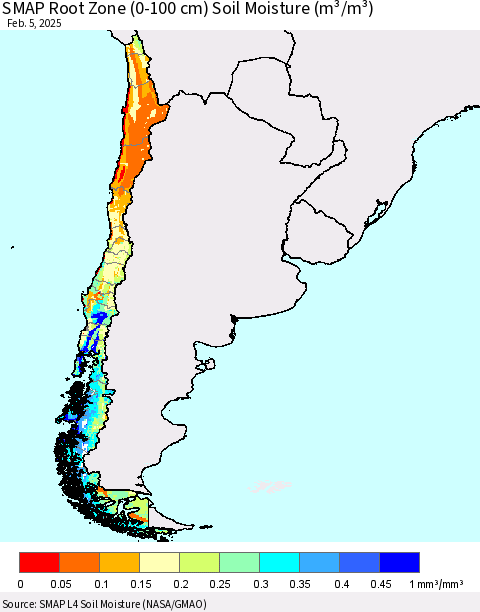 Chile SMAP Root Zone (0-100 cm) Soil Moisture (m³/m³) Thematic Map For 2/1/2025 - 2/5/2025