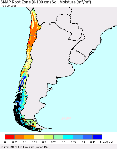 Chile SMAP Root Zone (0-100 cm) Soil Moisture (m³/m³) Thematic Map For 2/16/2025 - 2/20/2025