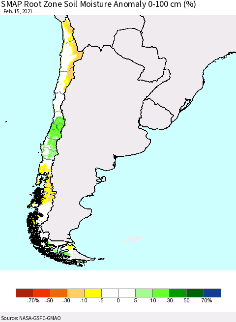 Chile SMAP Root Zone (0-100 cm) Soil Moisture Anomaly (%) Thematic Map For 2/11/2021 - 2/15/2021