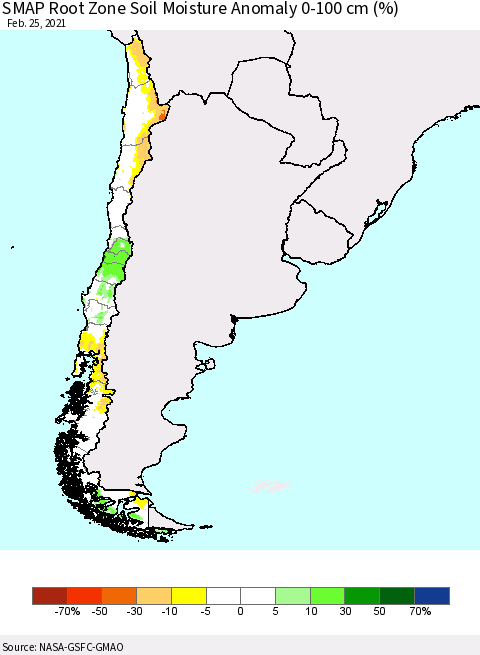 Chile SMAP Root Zone (0-100 cm) Soil Moisture Anomaly (%) Thematic Map For 2/21/2021 - 2/25/2021