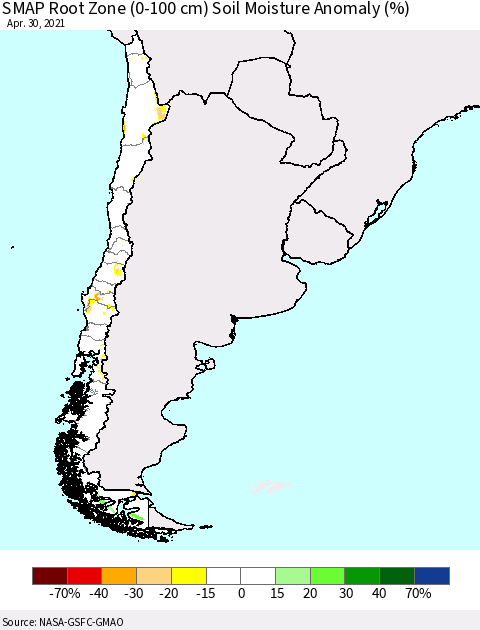 Chile SMAP Root Zone (0-100 cm) Soil Moisture Anomaly (%) Thematic Map For 4/26/2021 - 4/30/2021