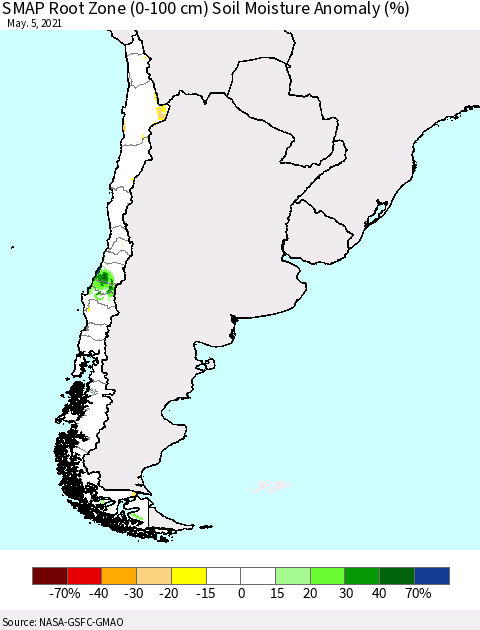 Chile SMAP Root Zone (0-100 cm) Soil Moisture Anomaly (%) Thematic Map For 5/1/2021 - 5/5/2021