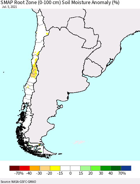 Chile SMAP Root Zone (0-100 cm) Soil Moisture Anomaly (%) Thematic Map For 7/1/2021 - 7/5/2021