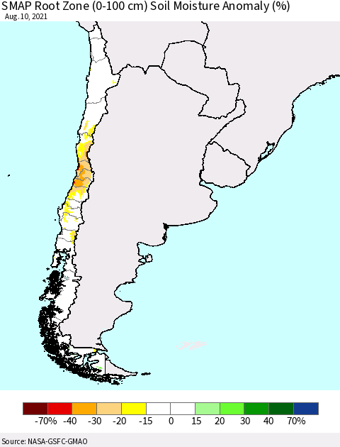 Chile SMAP Root Zone (0-100 cm) Soil Moisture Anomaly (%) Thematic Map For 8/6/2021 - 8/10/2021