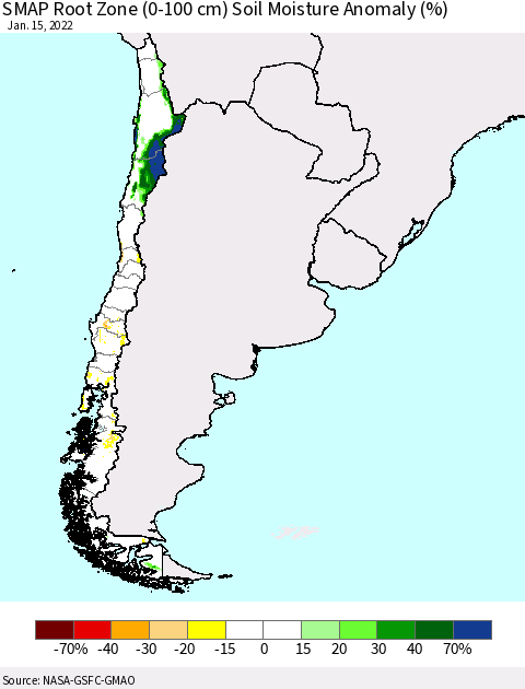 Chile SMAP Root Zone (0-100 cm) Soil Moisture Anomaly (%) Thematic Map For 1/11/2022 - 1/15/2022