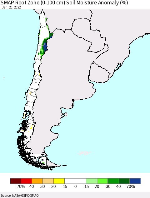 Chile SMAP Root Zone (0-100 cm) Soil Moisture Anomaly (%) Thematic Map For 1/16/2022 - 1/20/2022
